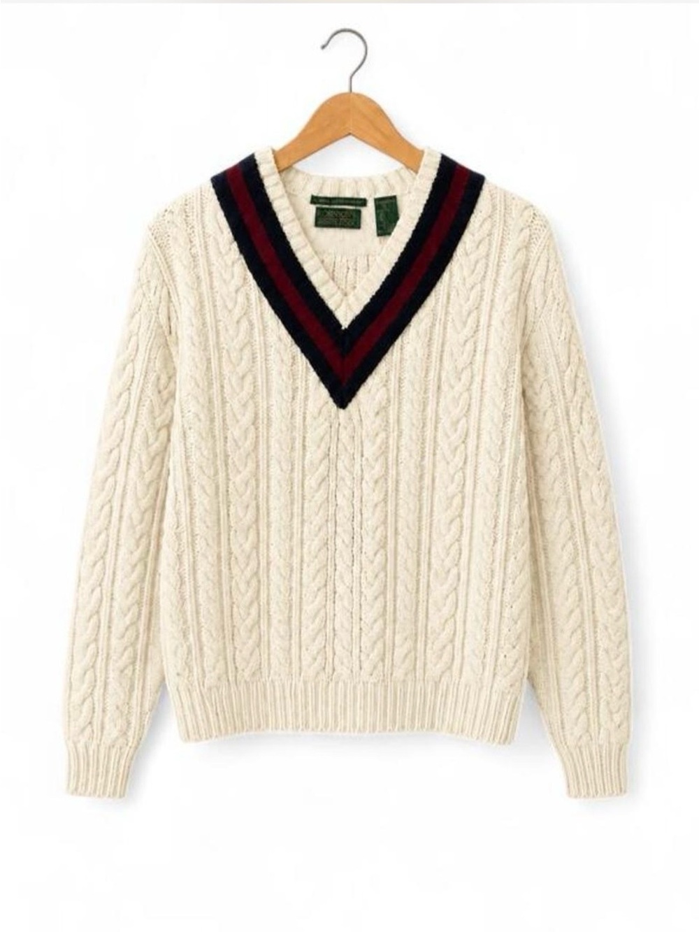 Vintage 100% Wool Cable Knit Cream Sweater Preppy V-neck Heritage Men's Large